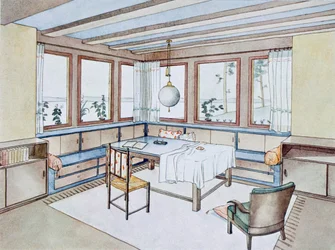 Teil eines Wohnzimmers, aus Moderne Innenräume in Farbe, veröffentlicht von Julius Hoffmann, Stuttgart, 1929